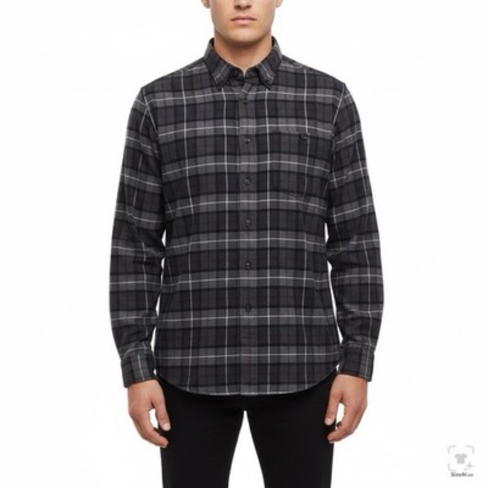 Eddie Bauer Mens Flannel Shirt LT Heather Charcoal Plaid Long Sleeve Button Down